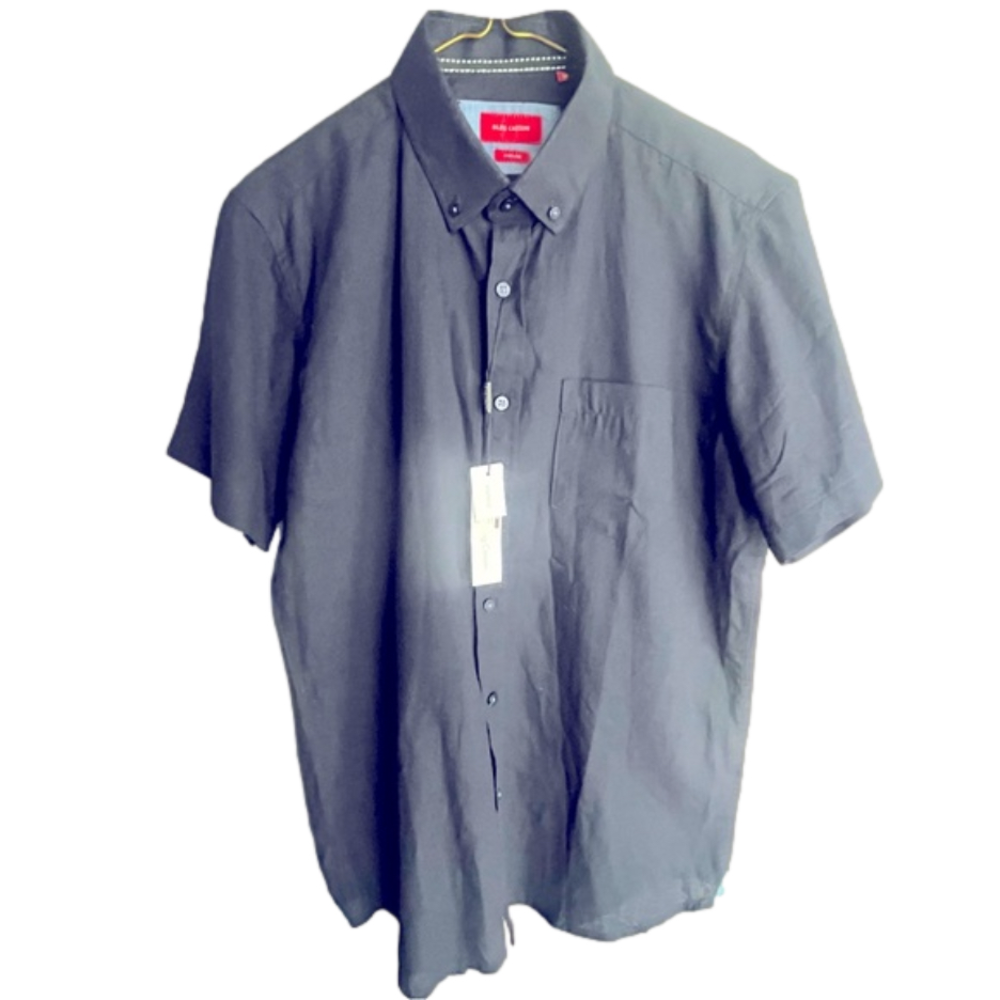 Nwt Oleg Cassini "Vintage" Linen Blend Short Sleeve Button Up Shirt Navy Mens M